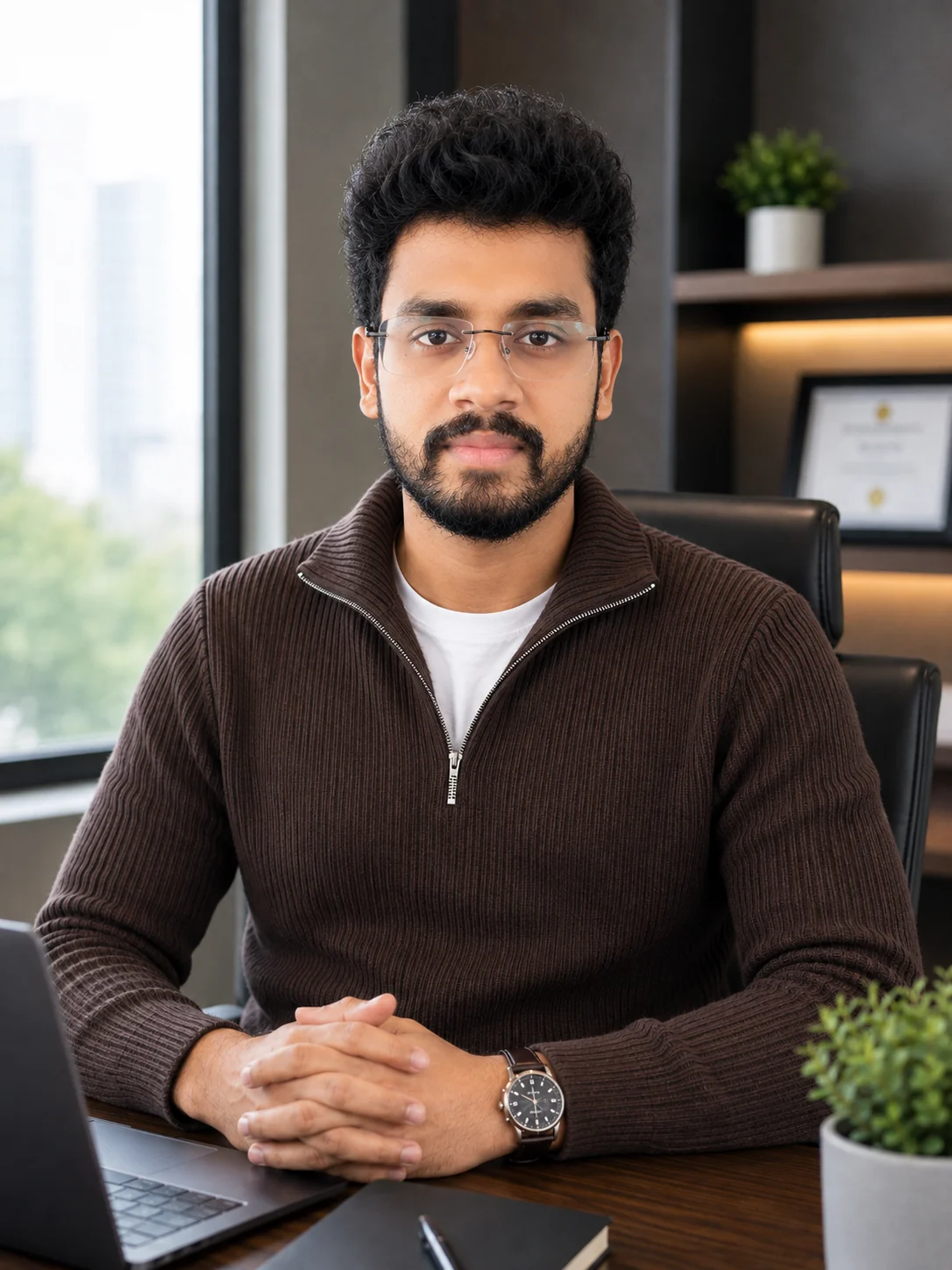 Dinesh Krishna seated at his desk